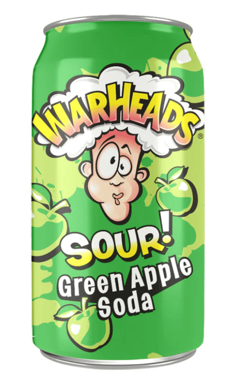 US - BEVERAGE - Warheads Sour Soda - GREEN APPLE 355ml x 12 Units (Buyer is responsible if drinks may leak during shipping and weather)