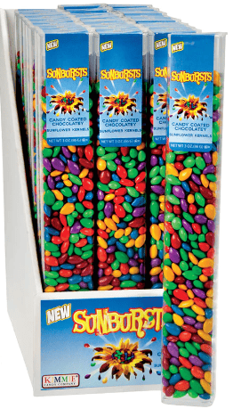US - KIMMIE SUNBURSTS TUBE - CHOCOLATE COVERED SUNFLOWER SEEDS 2.5OZ (73g) X 12 UNITS