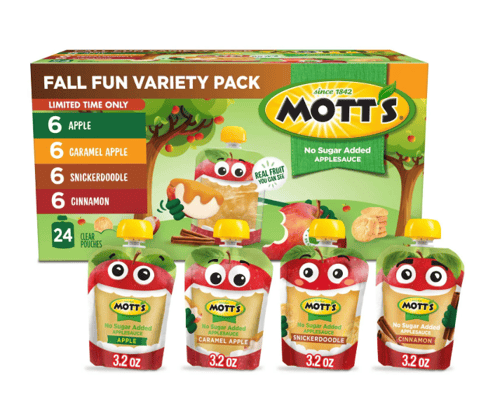Us - Motts Fall Apple Fun Variety pack 3.2oz (90g) x 24 Pouches (Includes 6 puches each of Apple,Caramel Apple,Snickerdoodle and Cinnamon Flavours)