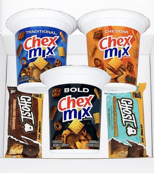 US - CASE - Chex Mix Cup and Ghost Protein Bar Assortment Pack x 1 Unit (Contains 1 Cup each of chex mix traditional,checx mix cheddar,chex mix bold and 1 protein bar each of ghost chocolate peanut butter , ghost chocolate caramel)
