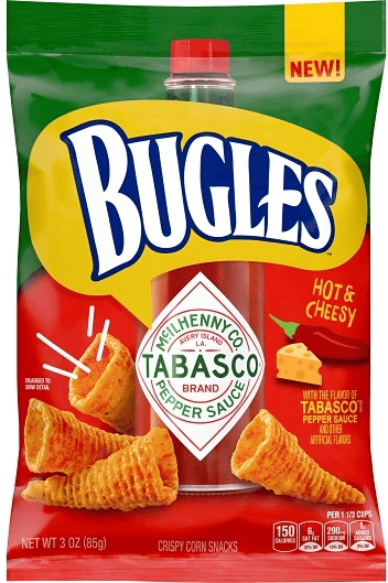 US - Chips - Bugles - Tabasco Crispy Corn Snacks 3oz (85g) x 6 units (chips bags may be deflated during shipping)