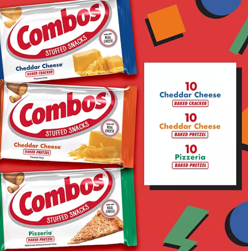 Combos Baked Snacks Variety Pack (10x Cheddar Cracker 48g, 10x Cheddar Pretzel 51g, 10x Pizzeria 51g) x 30 units