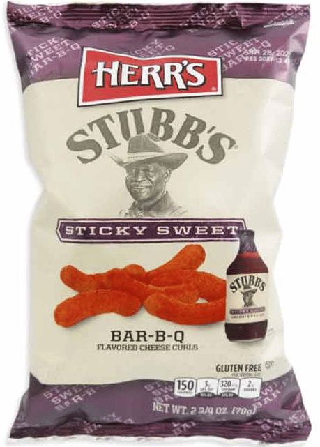 CASE- Chips - Herrs - Stubbs Sticky Sweet Cheese Curls 2.75oz (78g) x 12 Bags (chips bags may be deflated during shipping)