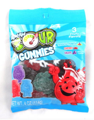 China - Kool-Aid SOUR Sanded Gummies -  3 Fruity Flavors Peg bag 4oz (113g) x 12 units