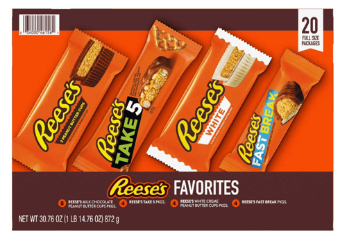 REESES Peanut Butter Candy Variety Box (20 Pack) 30.76oz (872g) x 1 Units ( Reese Peanut Butter Cups x 8 Bars, Reese Take 5 x 4 Bars, Reese white Peanut butter cups x 4 Bars and Reese Fast Break x 4 Bars)