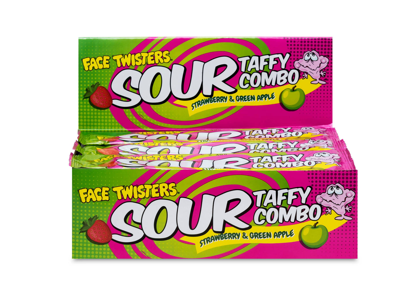 (S1-10) Face Twisters - Sour Taffy Combo Bar - Strawberry & Green Apple 1.4oz (40g) x 48 units