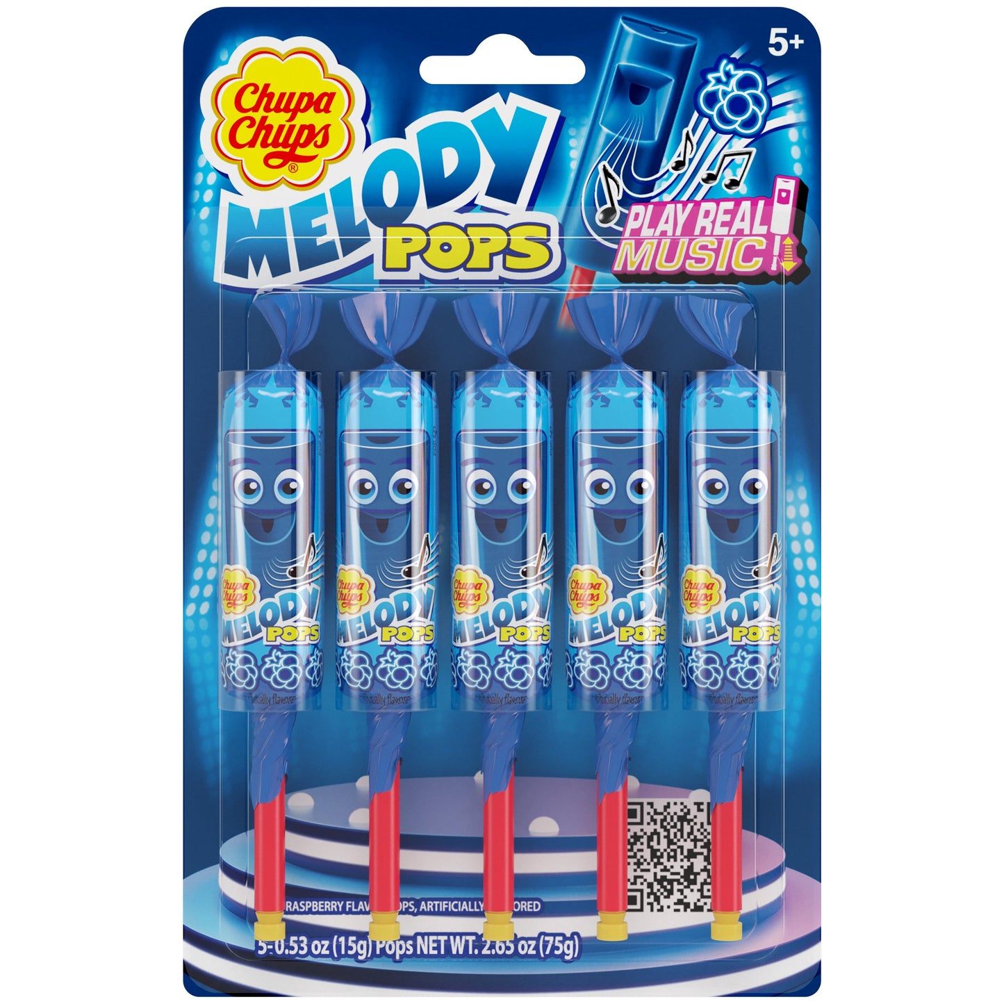 Chupa Chups Melody Pops 5pc Blister Pack Blue Rasp 2.65oz X 12 Units - Québec Candy